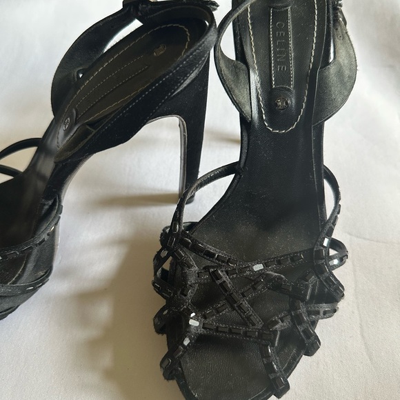Celine Beaded Platform High Heel Satin Sandals in Black - Picture 3 of 3